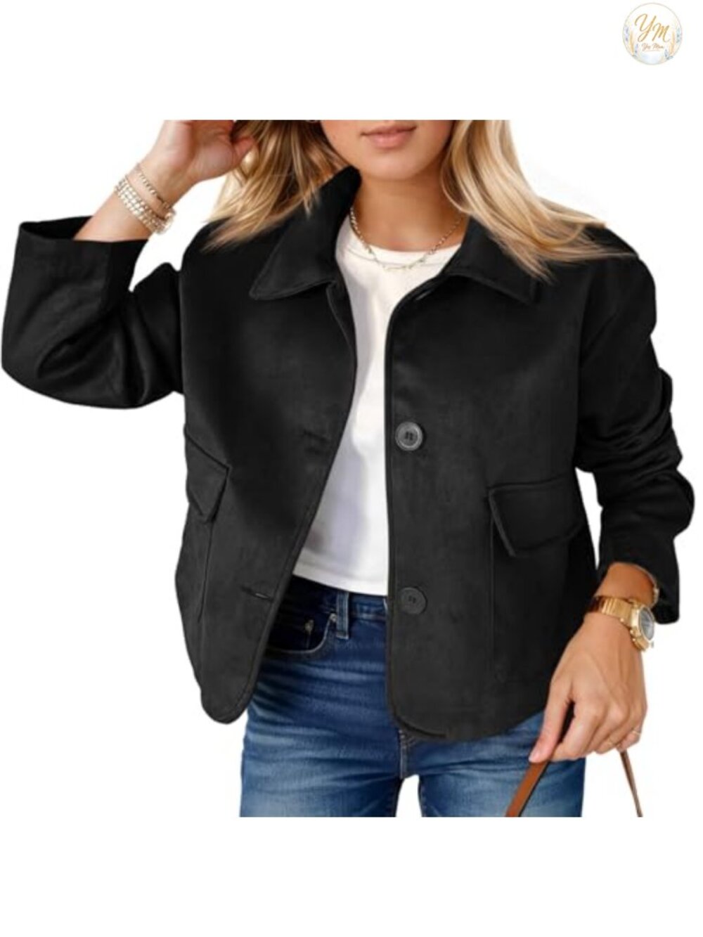 Women's Faux Suede Cropped Jacket Lapel Button Up Vintage Coat
